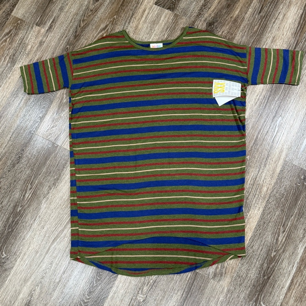 NWT Lularoe Irma Hi‎ Lo Tunic Blouse Green, Blue Red Stripes sz: XXS